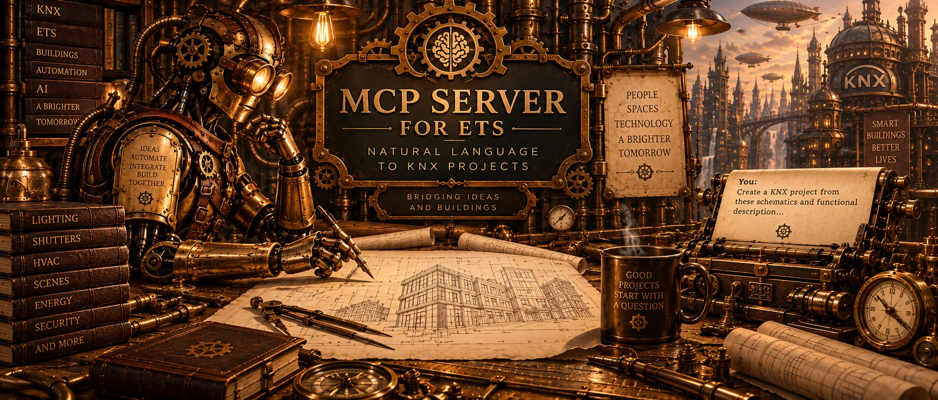 Copper robot drafting a building beneath the title MCP Server for ETS.